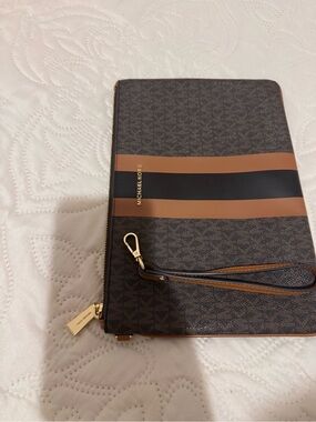 Michael Kors Brown and Black Stripe Signature Wristlet Clutch